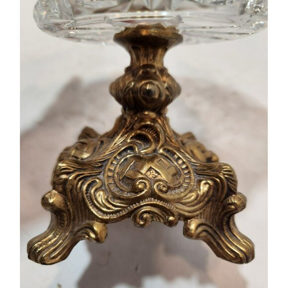 Vtg Cut Crystal Glass Compote w Brass Footed Base Elegant Hollywood Regency - Picture 15 of 16